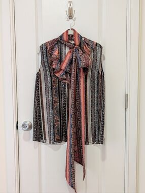 Rodarte Sleeveless Paisley-Striped Tie-Neck Blouse